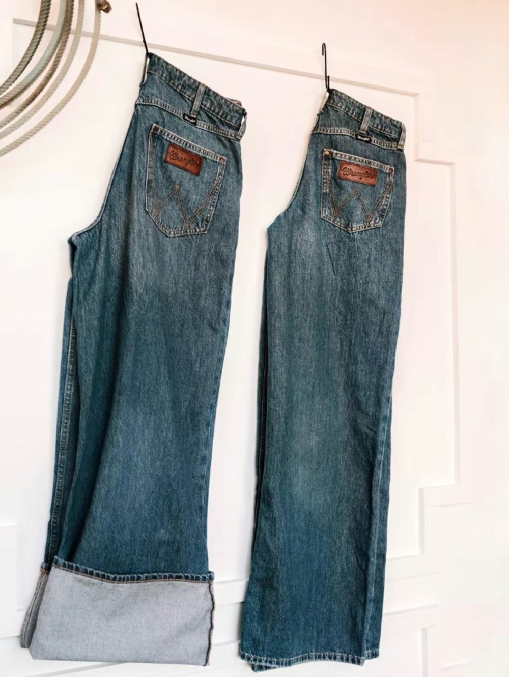Wrangler Wide Leg Jeans in Blue Denim with Brown Patch